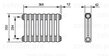 Схема (чертеж) Радиатор Zehnder Charleston 2035/8 №1270 Белый глянцевый RAL 9016
